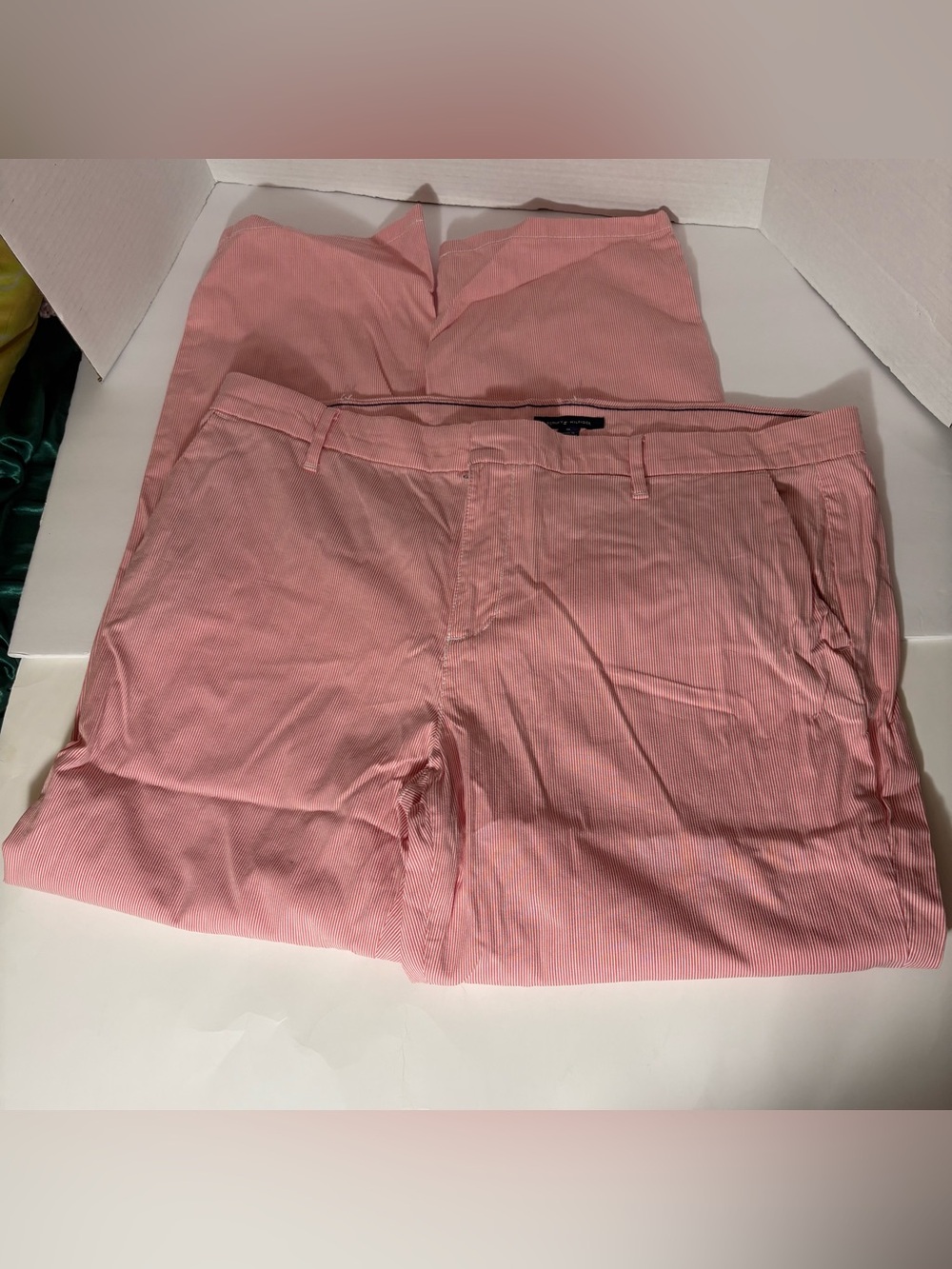 TOMMY HILFIGER Size 16 Hamton Stretch Slim Chino Women Pants Striped Pink&White